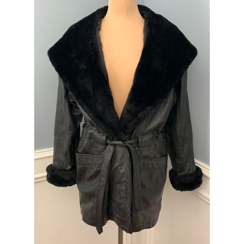 Vintage Pelle Club Leather Coat Womens S Faux Fur Trim Shawl Hood 90s Trench